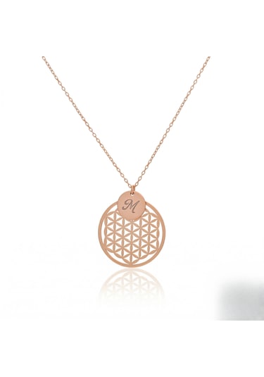 Yaşam Çiçeği Harfli Disk Kolye 925 Ayar Gümüş Kişiye Özel Minimal Tasarım Rose Gold