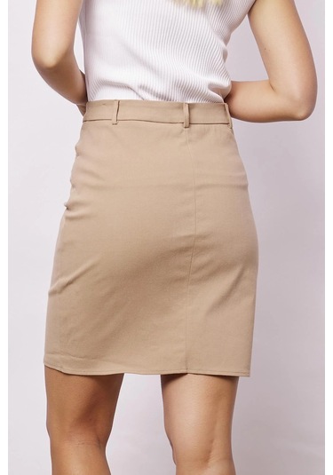 Kadın Cep Detaylı Diz Üstü Hafif Likralı Pamuklu Kumaş Kalem Etek-camel CAMEL