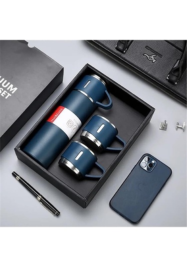 Kişiselleştirilebilir 3 Bardaklı Çelik Termos 05 Lt Mavi Mavi