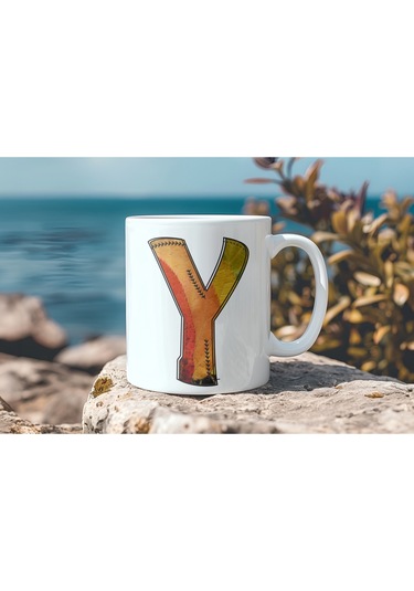 Y Harf Yaprak Renkleri İle Kupa Bardak - Kişiye Özel Alfabe Harfli Bardak - Hediye Beyaz