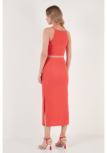 Lela Slim Fit Ip Askılı Yırtmaçlı Bayan Takım 5865278 Nar Çiçeği