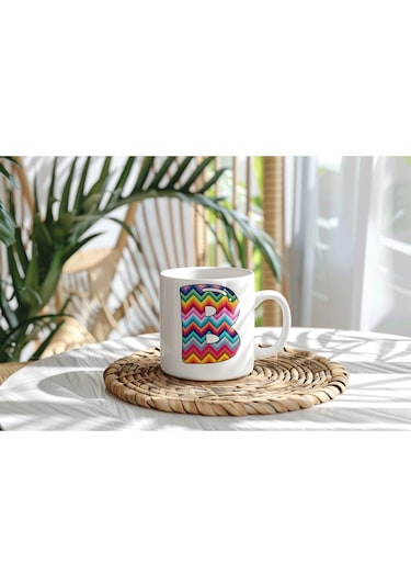 B Harfi Renkli Zigzag Desenli Kupa Bardak - Afrika Tarz Etnik Tasarım Kupa - Kişiye Özel Beyaz