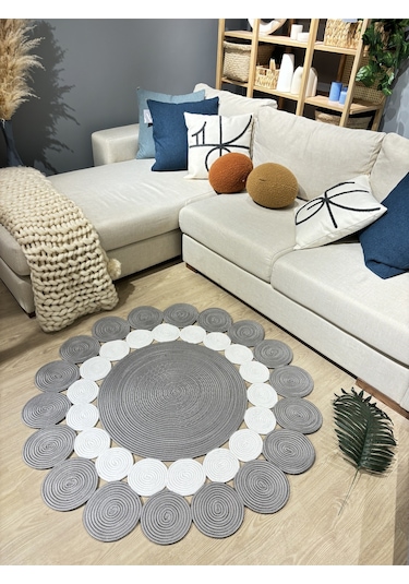 Mavaux Hasır Jüt Çiçek Desenli Kilim Halı Gri - Beyaz