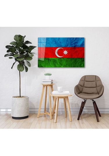 Es10 Es10 Dokulu Azerbaycan Bayrağı Cam Tablo, Uv Baskılı ve Temperli, Hediyelik