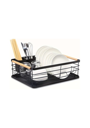 Honeybeeshop Siyah Ldq Tek Katlı Bulaşık Kurutma Rafı Çıkarılabilir Çatal Bıçak Tutucu Damlalık Tepsisi Ahşap Sap Büyük Kapasiteli Paslanmaz Mutfak Tezgahı Düzenleyici Beyaz Siyah