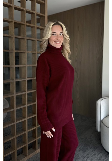 Laluvia Bordo Boğazlı Fitilli Triko Takım - 4671 Bordo