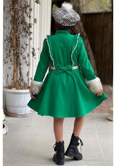 Riccotarz Kız Çocuk Kazayağı Desen Elbise Kolları Peluş Ve Omuzları İnci İşleme Kemerli Yeşil Kaşe Kaban Yeşil