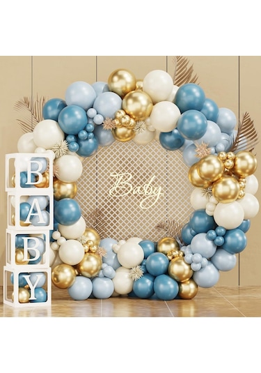 Okyanus Temalı Baby Shower Set 119 Parça Okyanus Mavi, Deniz Kumu, Krom Gold Ve Açık Mavi Balon Set