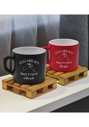 Bk Gift Kişiye Özel İsimli Best Friend 2li Siyah Ve Kırmızı Renkli Middle Çay & Kahve Fincanı-2, Arkadaşa Hediye, Sevgiliye Hediye Kobitmeyencom32657