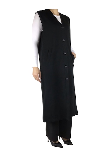 Kadın Önü Düğmeli Uzun Cepli Mevsimlik Çelik Örgü Yelek Siyah