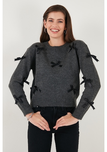 Lela Premium Regular Fit Bisiklet Yaka Fiyonk Detaylı Triko Bayan Kazak 680Kz00155 Antrasit