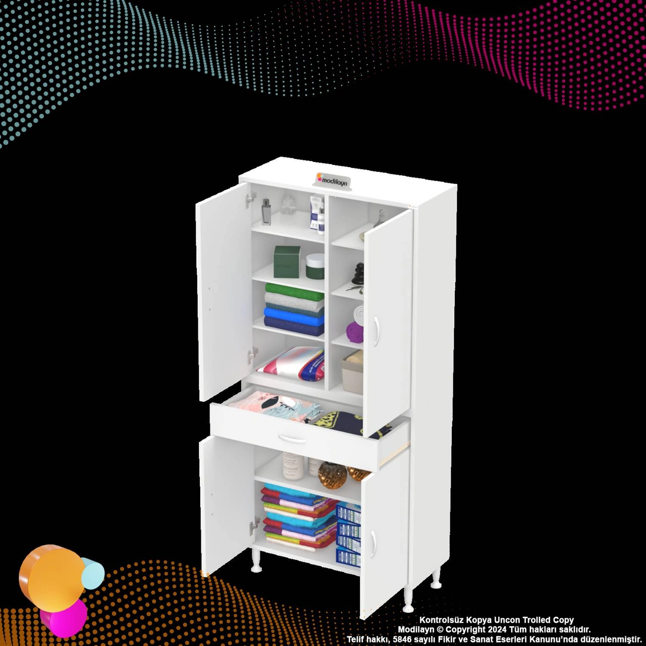 Sare Banyo Ve Mutfak Dolabı Çok Amaçlı Dolap Tek Çekmece 4 Kapak 7 Raf 10 Bölme 75x173x32,5 Cm Beyaz