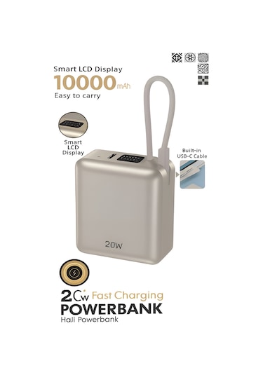 20w Hızlı Şarj Powerbank 10000mah Lcd Ekranlı, Dahili Type-c Girişli Kablolu Taşınabilir Şarj Rose Gold