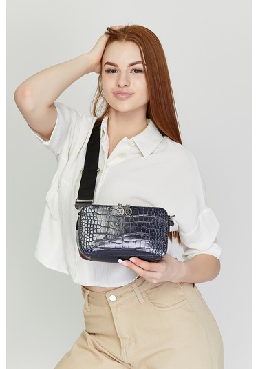 Morpelikan Mavi Kroko İki Bölmeli Kadın Omuz Çantası Mavi