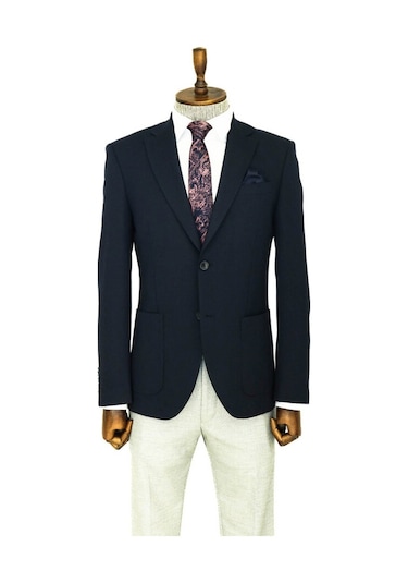 Kendinden Desenli Slim Fit Sivri Yaka Lacivert Erkek Ceket 001