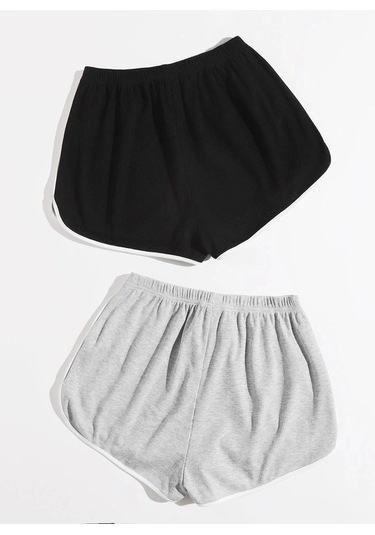 Siyah-gri 2'li Yırtmaçlı Şeritli Bermuda Penye Şort - Penye Kordonlu Siyah-gri