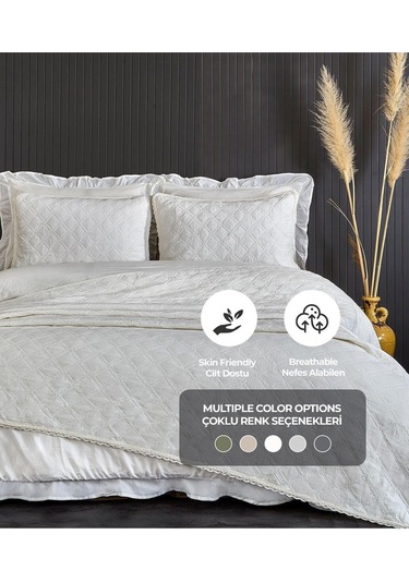 Evlen Home %100 Pamuk Çift Kişilik Özel Taş Yıkama Nevresimli Yatak Örtüsü Seti 7 Parça Yumuşak Barbara Beyaz