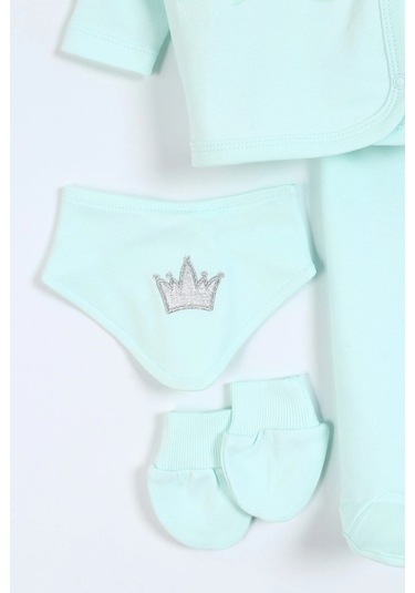 Prenses Desenli Müslin Kız Bebek Hastane Çıkışı Bebek Kıyafetleri Yenidoğan Hastane Çıkış Seti 5 Li Su Yeşili