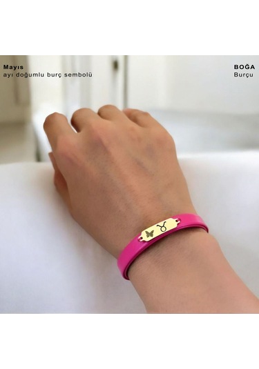 Archin Mayıs Ayı Doğumlarına 14 Ayar Altın Plakalı Pembe Derili Kelebek Figürlü Hediye Bileklik-651ay Mayıs