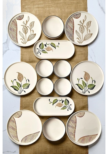 Kitchen Life 14 Parça - 6 Kişilik Barış Çiçeği Stackable - Kahvaltı Takımı  Kahvaltılık Sunum Tabağı Kahverengi