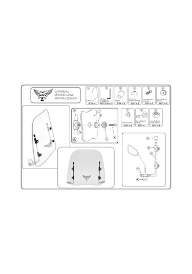 ABV Üniversal Şeffaf Siperlik 49 x 49 CM + Bağlantı Ekipmanı (Motosiklet Camı)