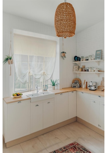 Naturel Potlu Tül Perde Retro Krem Krem