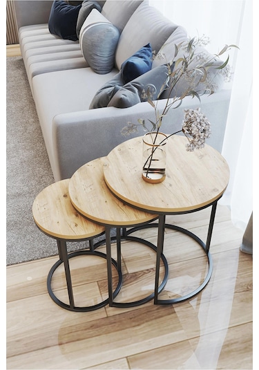 3' lü C Zigon Sehpa Siyah Ayak  Atlantik Çam 18mm Sunta