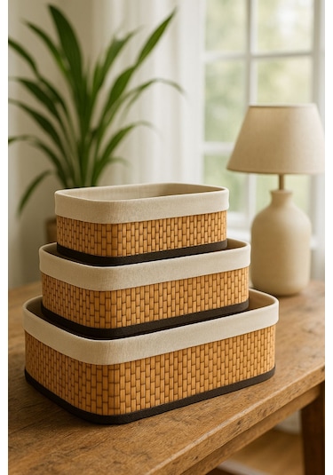 Bambu Hasır Dikdörtgen 3'lü Organizer Sepet Seti - Çok Amaçlı Düzenleyici Kahverengi