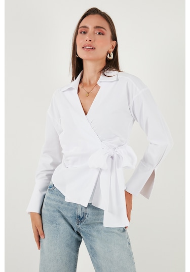 Lela Pamuklu Regular Fit Uzun Kollu Bağlama Detaylı Bayan Gömlek 65200538 Beyaz