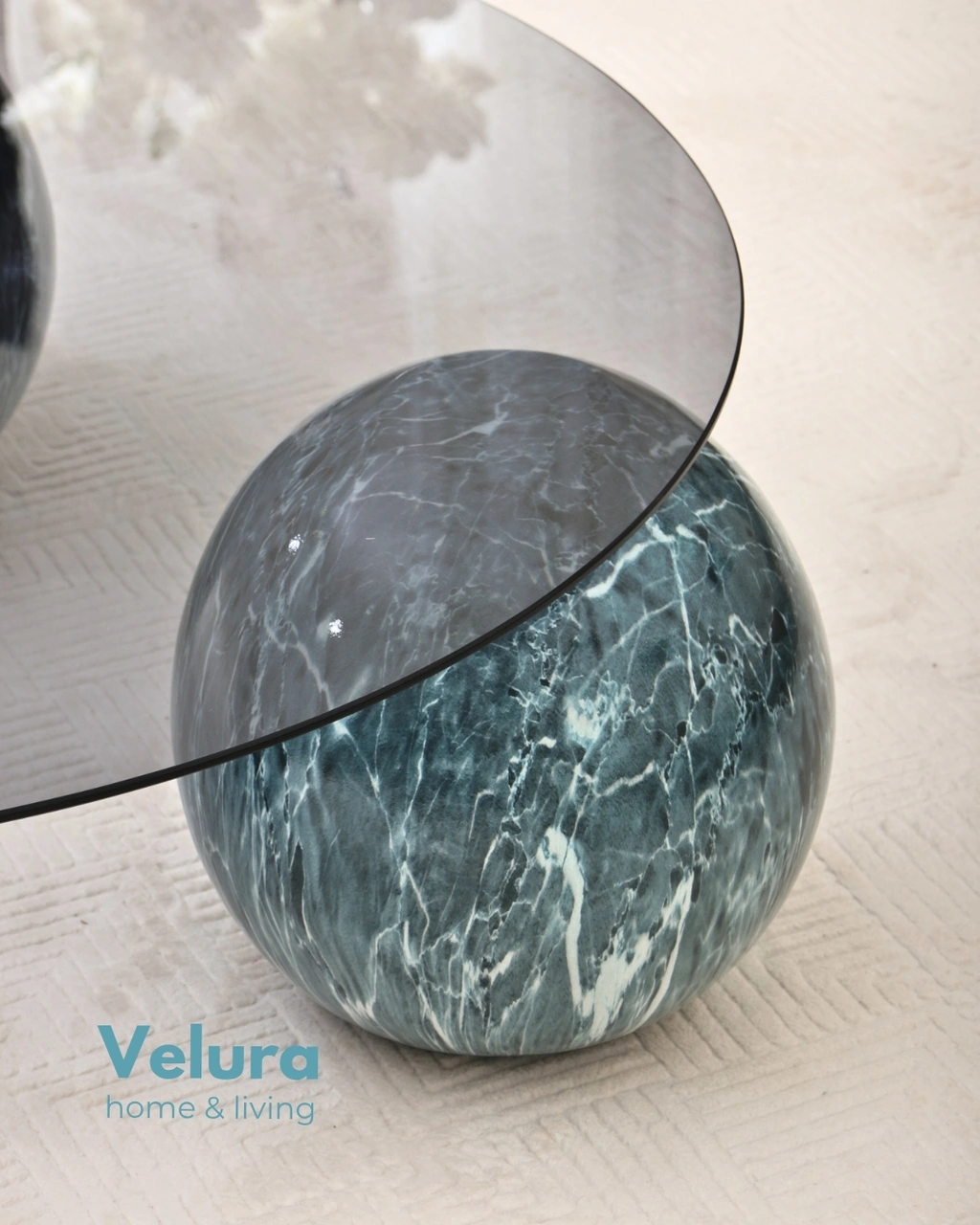 Modern Orta Sehpa & Küre Sehpa & Top Sehpa & Füme Yuvarlak Cam & Ocean Mavi