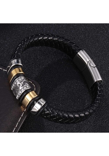 Erkek Paslanmaz Çelik Lüks Bileklik Erkek Siyah Deri Bileklik El Dokuması Aksesuarlar Kombinasyonu Sevgililer Günü Hediyesi Siyah