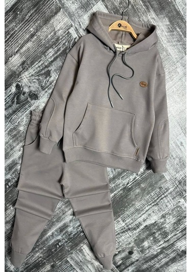 Kapüşonlu Ve Kanguru Cepli Gri Renk Erkek Çocuk Eşofman Takım Gri