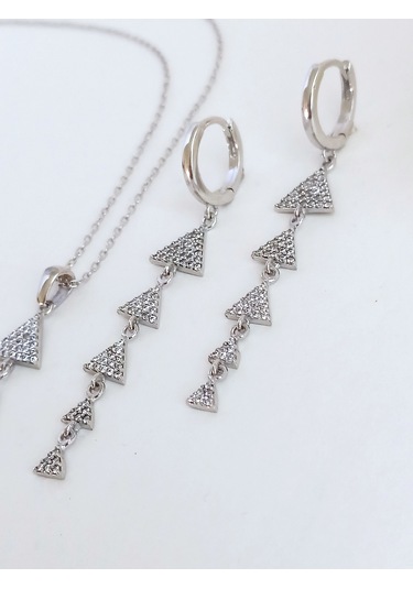 Işıltılı Baget Modern Tasarım Uzun Kolye Küpe Gümüş Gelin Seti