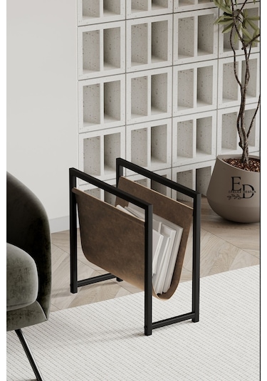 Coral Koltuk Yanı Dergilik , Gazetelik , Kitaplık, Siyah Metal - Kahverengi Deri