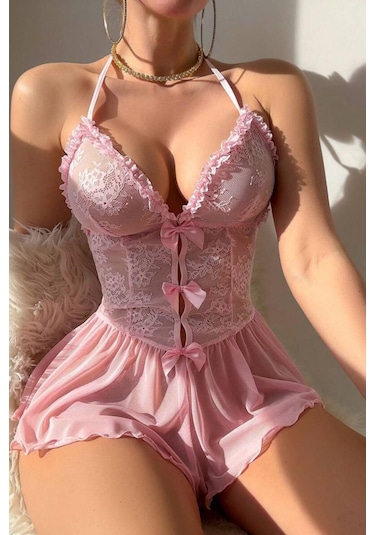 Bella Notte Tek Parça Toz Pembe Fiyonk Ve Fırfır Detaylı Gecelik
