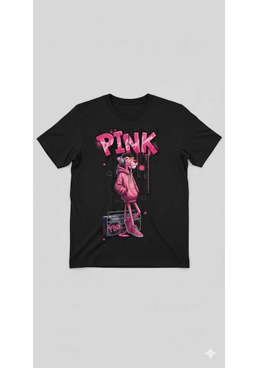 Pembe Panter Baskılı Oversize Erkek Pamuklu T-shirt Siyah
