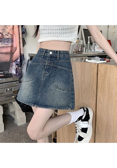 Spice Girls A-kesim Denim Etek Kadın Yaz Yırtmaçlı Cepli Yüksek Bel Kalça Saran Yarım Boy Vintage Etek Mavi