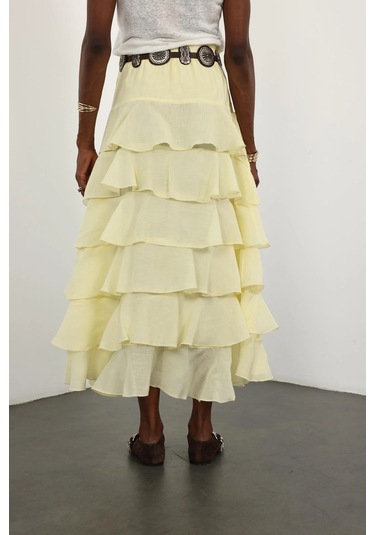Sarı Beli Lastikli Volanlı Maxi Etek 4097 Sarı
