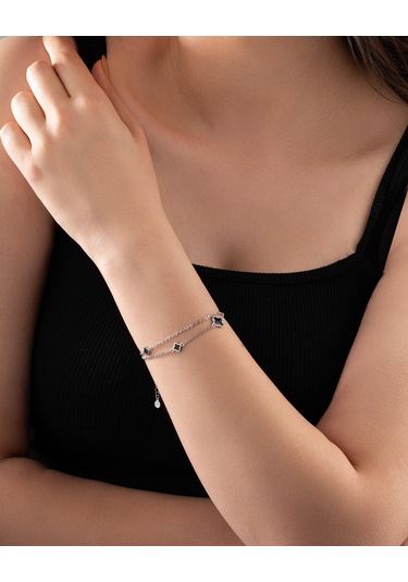 925 Ayar Rodyum Siyah Mineli İki Sıralı Yonca Charm Gümüş Bileklik Gümüş - Rodyum