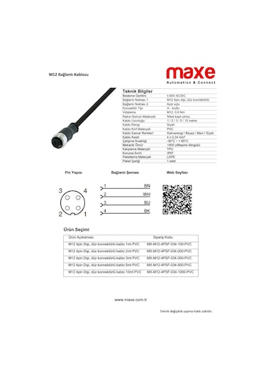 M12 Sensör Kablosu 4pin Dişi Düz Konnektörlü 2mt PVC