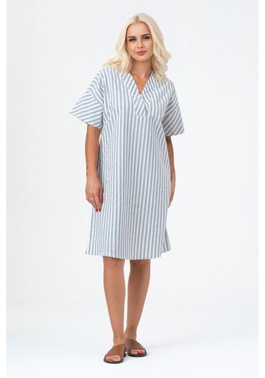 Bold & Young Kadın Cepli V Yakalı Kısa Kollu Pamuklu Elbise Ekru