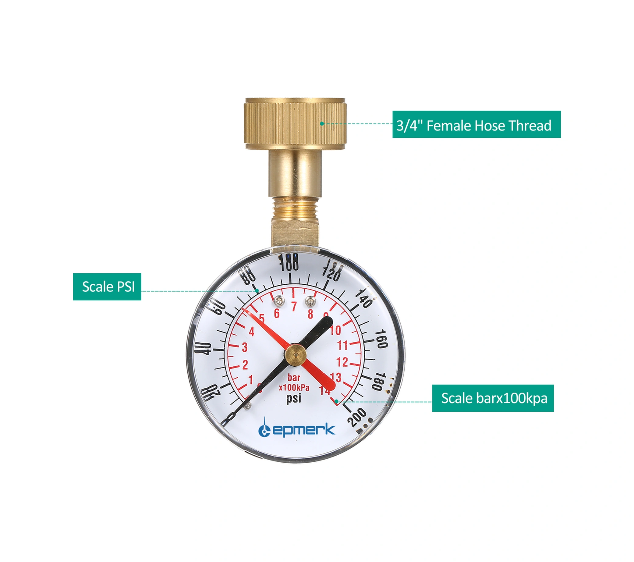 Yuntech01 Su Basıncı Test Cihazı 2-1/2" Manometre 3/4" Dahili Işın 0-200psı Kırmızı Gösterge, Bakır Malzeme, Ev Su Tesisleri Testi