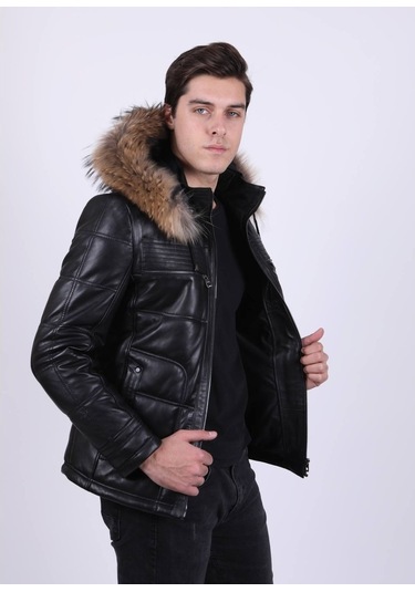 New Zaya Leather Erkek Şişme Deri Ceket Siyah