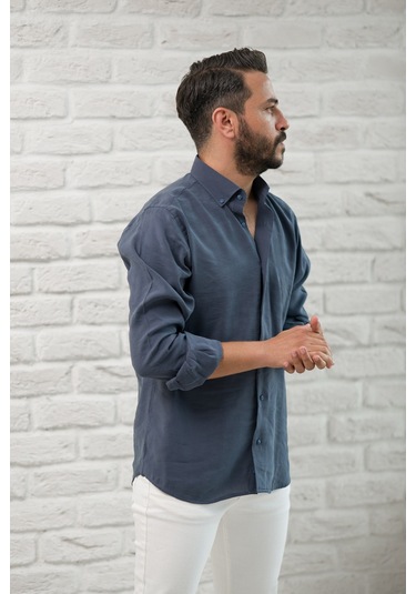 Regular Fit Yaka Düğmeli Yazlık Modal Kumaş Erkek Gömlek Antrasit
