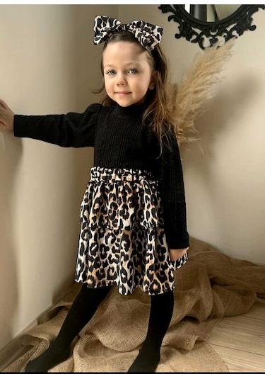 Kız Çocuk Desenli Triko Bandana 3lü Doğum Günü Günlük Hediye Elbise Takım Çok Renkli