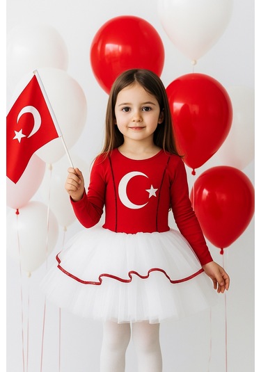 Türk Bayraklı Milli Bayramlar 6-7 Yaş Beyaz Tütülü Kırmızı Beyaz Kostüm