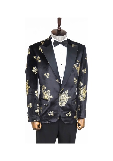 Wessi Gold Çiçek Desenli Parlak Siyah Erkek Smokin Ceket Siyah