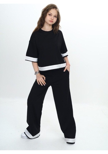 Kız Çocuk %100 Pamuk Kısa Kollu Garnili Truvakar Kol 2 İplik Alt&üst Eşofman Takımı-285-eşt-0011 Siyah