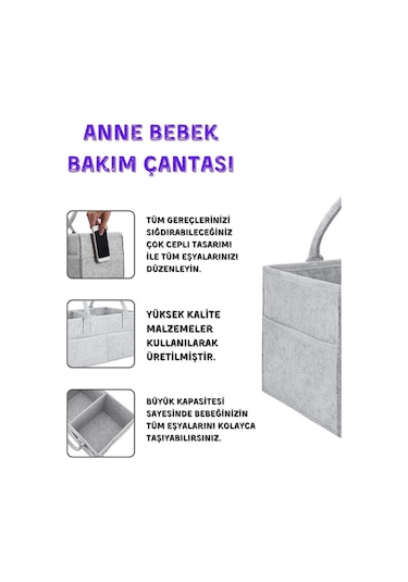 Pratik Düzenleyici Keçe Bebek Bakım Organizeri Anne Bebek Bakım Çantası Gri