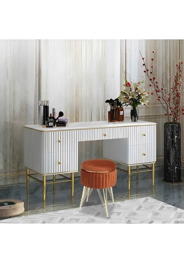 Bianco Metal Ayaklı Sehpalı Puf Altın Turuncu Gold Orange